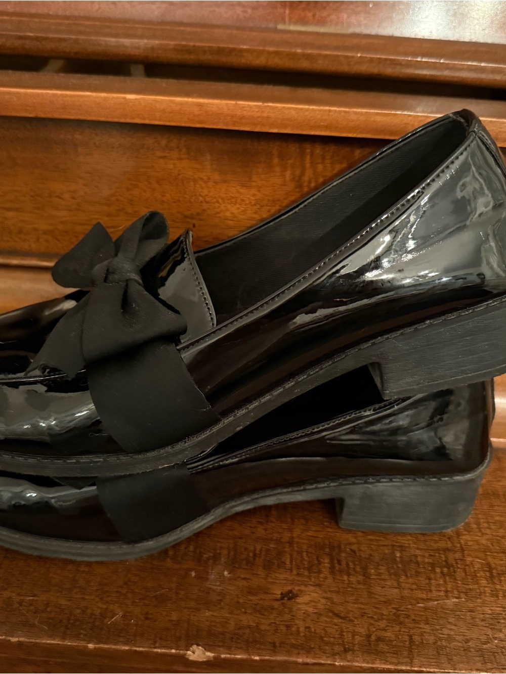Black Patent Bow Loafers Block Heel Chunky Academia Shoes preppy Y2K Coquette
